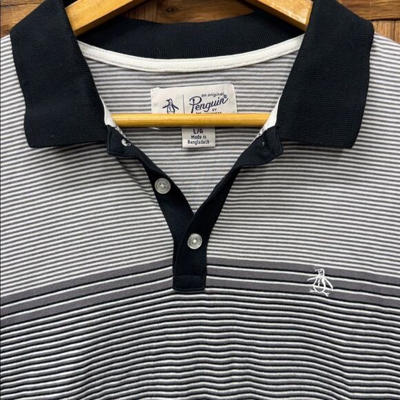 Men's Penguin Striped Polo Shirt - Black and Gray sz Large - Picture 2 of 3